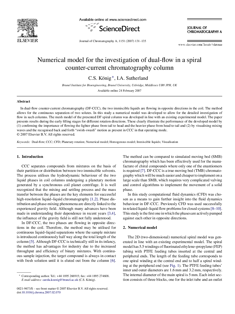 Numerical model for the investigation of dual-flow in a spiral counter-current chromatography column