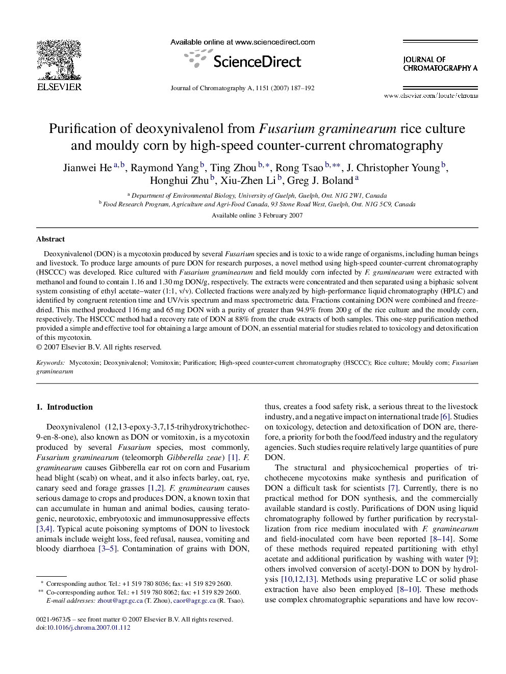 Purification of deoxynivalenol from Fusarium graminearum rice culture and mouldy corn by high-speed counter-current chromatography