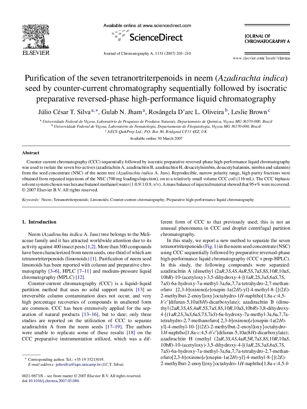 Purification of the seven tetranortriterpenoids in neem (Azadirachta indica) seed by counter-current chromatography sequentially followed by isocratic preparative reversed-phase high-performance liquid chromatography