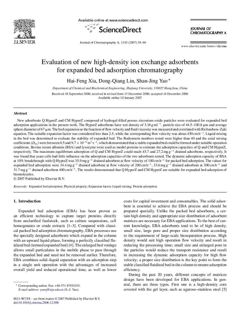 Evaluation of new high-density ion exchange adsorbents for expanded bed adsorption chromatography