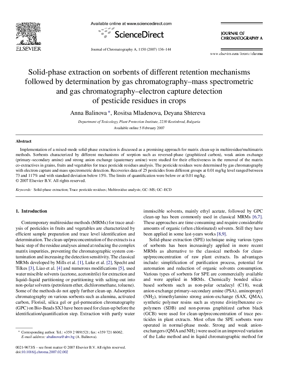 Solid-phase extraction on sorbents of different retention mechanisms followed by determination by gas chromatography–mass spectrometric and gas chromatography–electron capture detection of pesticide residues in crops