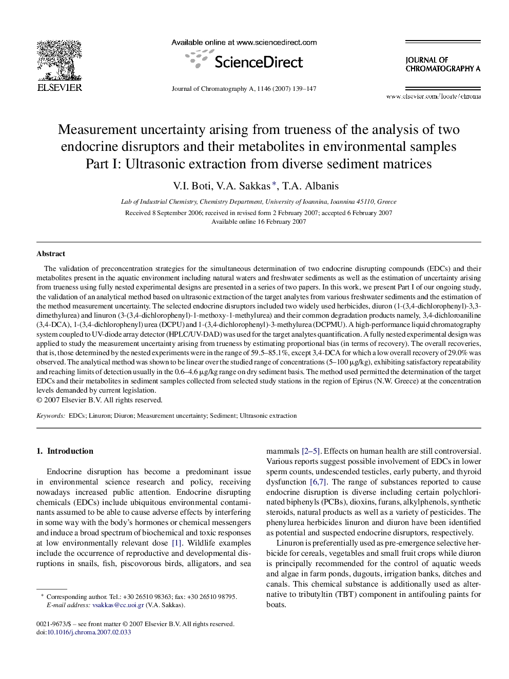 Measurement uncertainty arising from trueness of the analysis of two endocrine disruptors and their metabolites in environmental samples