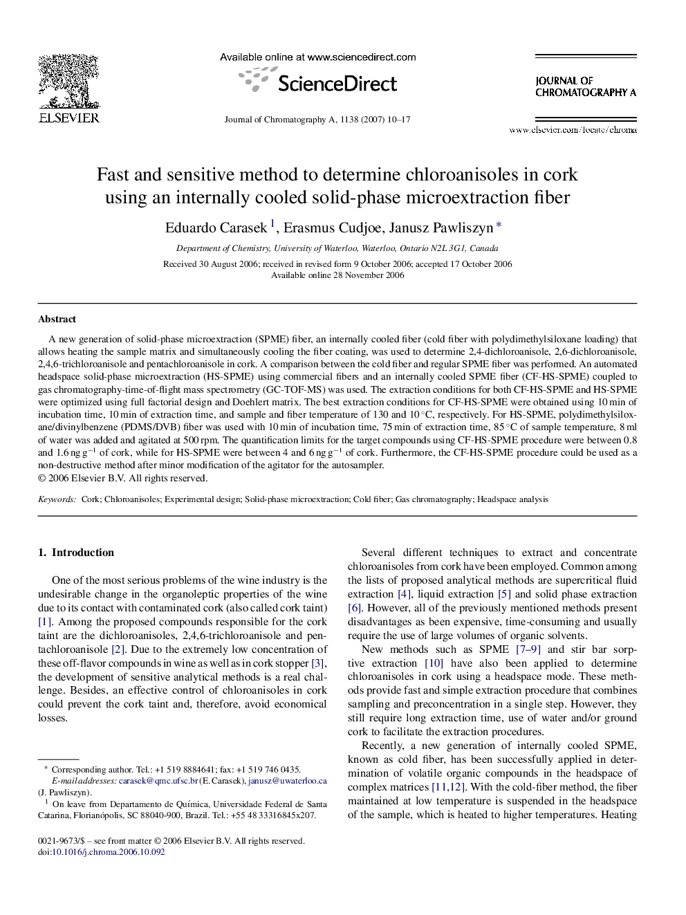 Fast and sensitive method to determine chloroanisoles in cork using an internally cooled solid-phase microextraction fiber