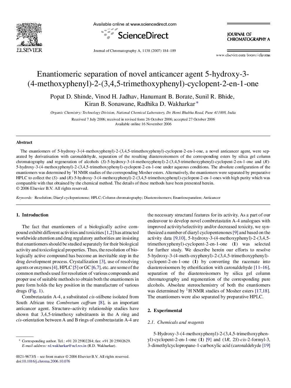 Enantiomeric separation of novel anticancer agent 5-hydroxy-3-(4-methoxyphenyl)-2-(3,4,5-trimethoxyphenyl)-cyclopent-2-en-1-one