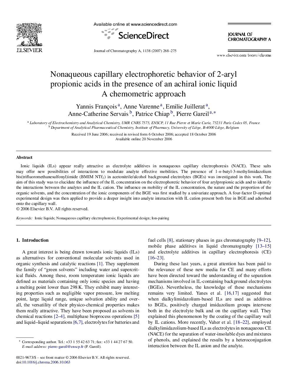 Nonaqueous capillary electrophoretic behavior of 2-aryl propionic acids in the presence of an achiral ionic liquid: A chemometric approach