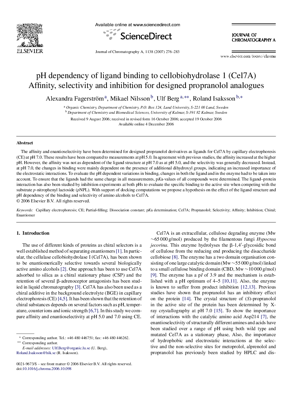 pH dependency of ligand binding to cellobiohydrolase 1 (Cel7A): Affinity, selectivity and inhibition for designed propranolol analogues