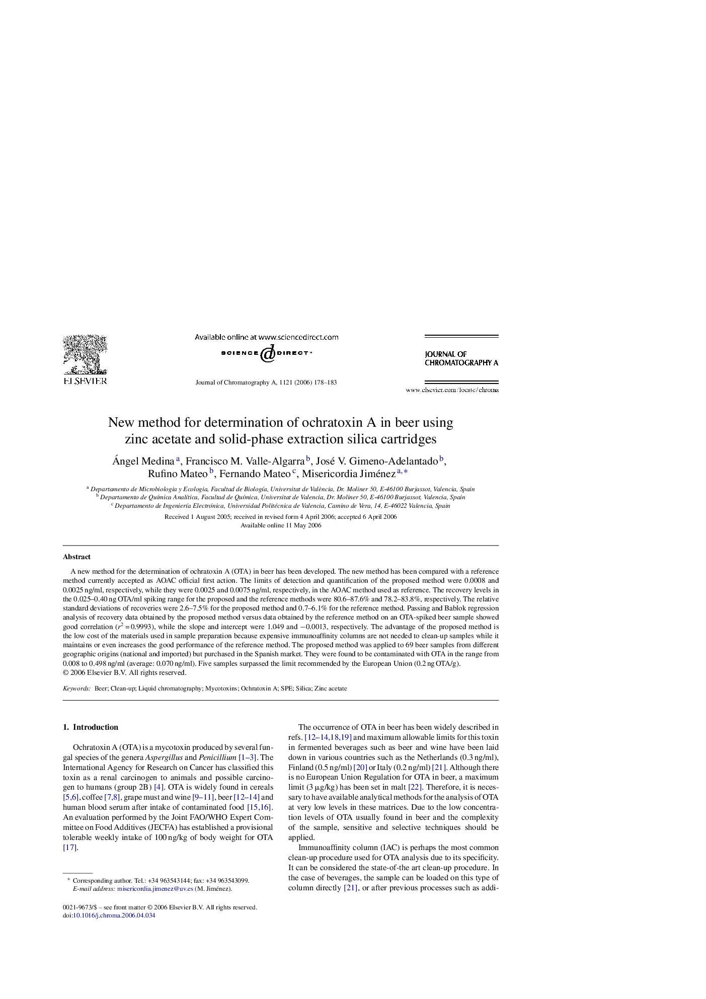 New method for determination of ochratoxin A in beer using zinc acetate and solid-phase extraction silica cartridges