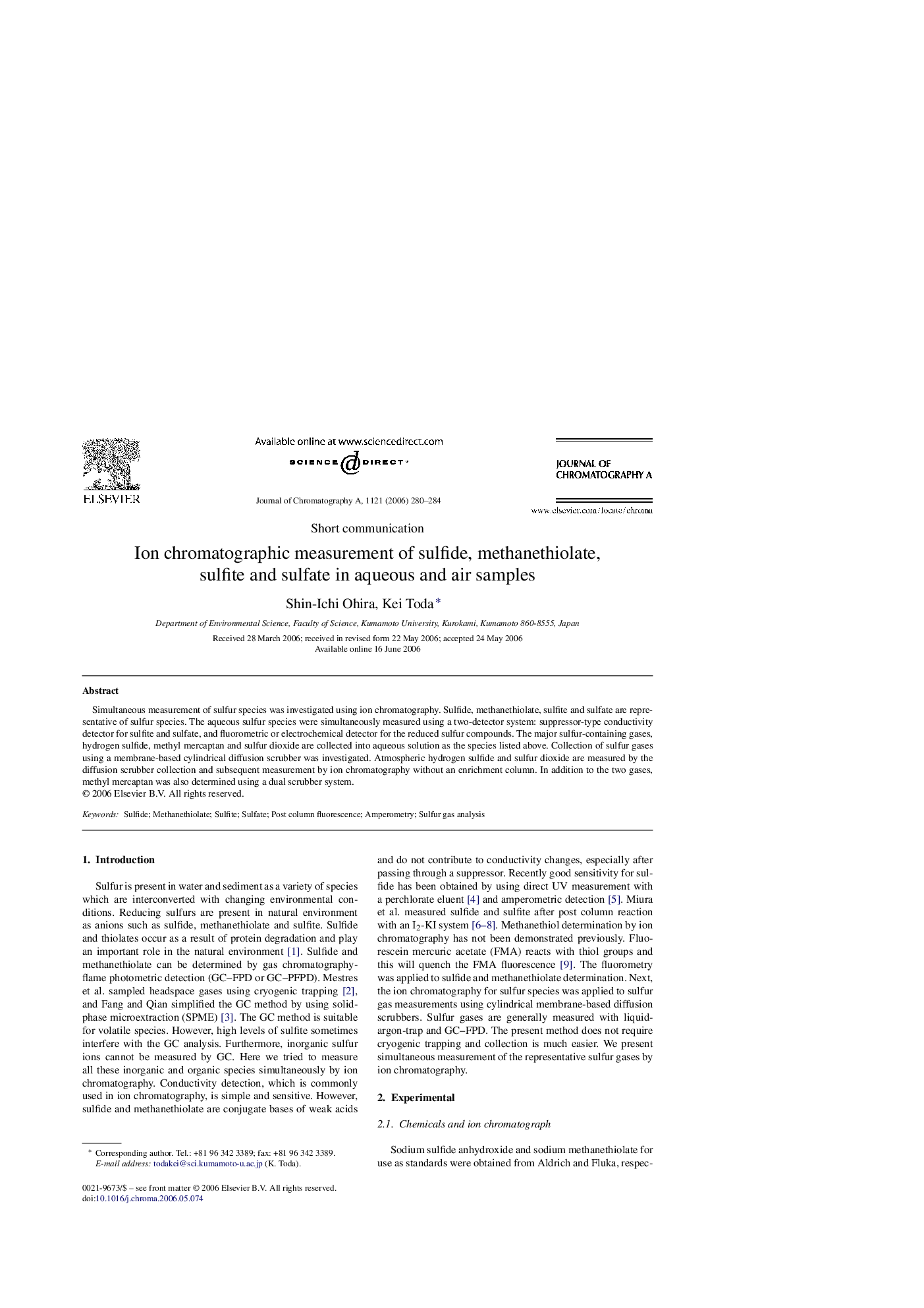 Ion chromatographic measurement of sulfide, methanethiolate, sulfite and sulfate in aqueous and air samples