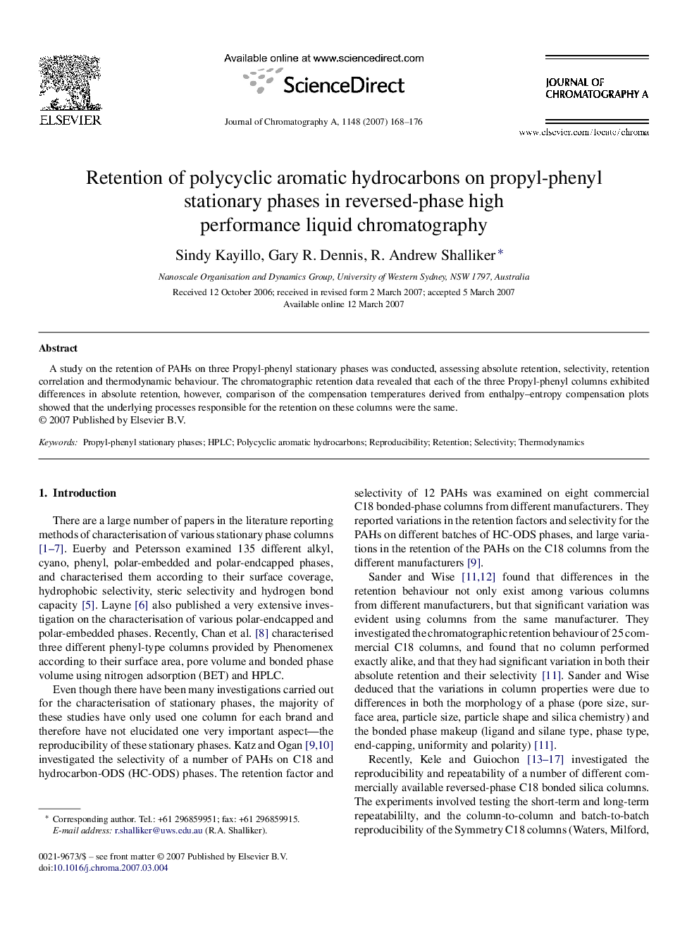 Retention of polycyclic aromatic hydrocarbons on propyl-phenyl stationary phases in reversed-phase high performance liquid chromatography