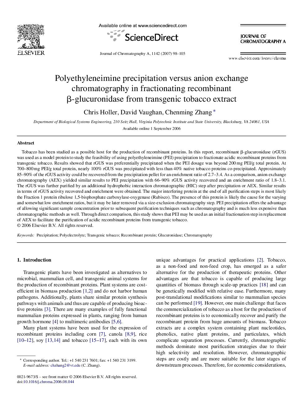 Polyethyleneimine precipitation versus anion exchange chromatography in fractionating recombinant β-glucuronidase from transgenic tobacco extract