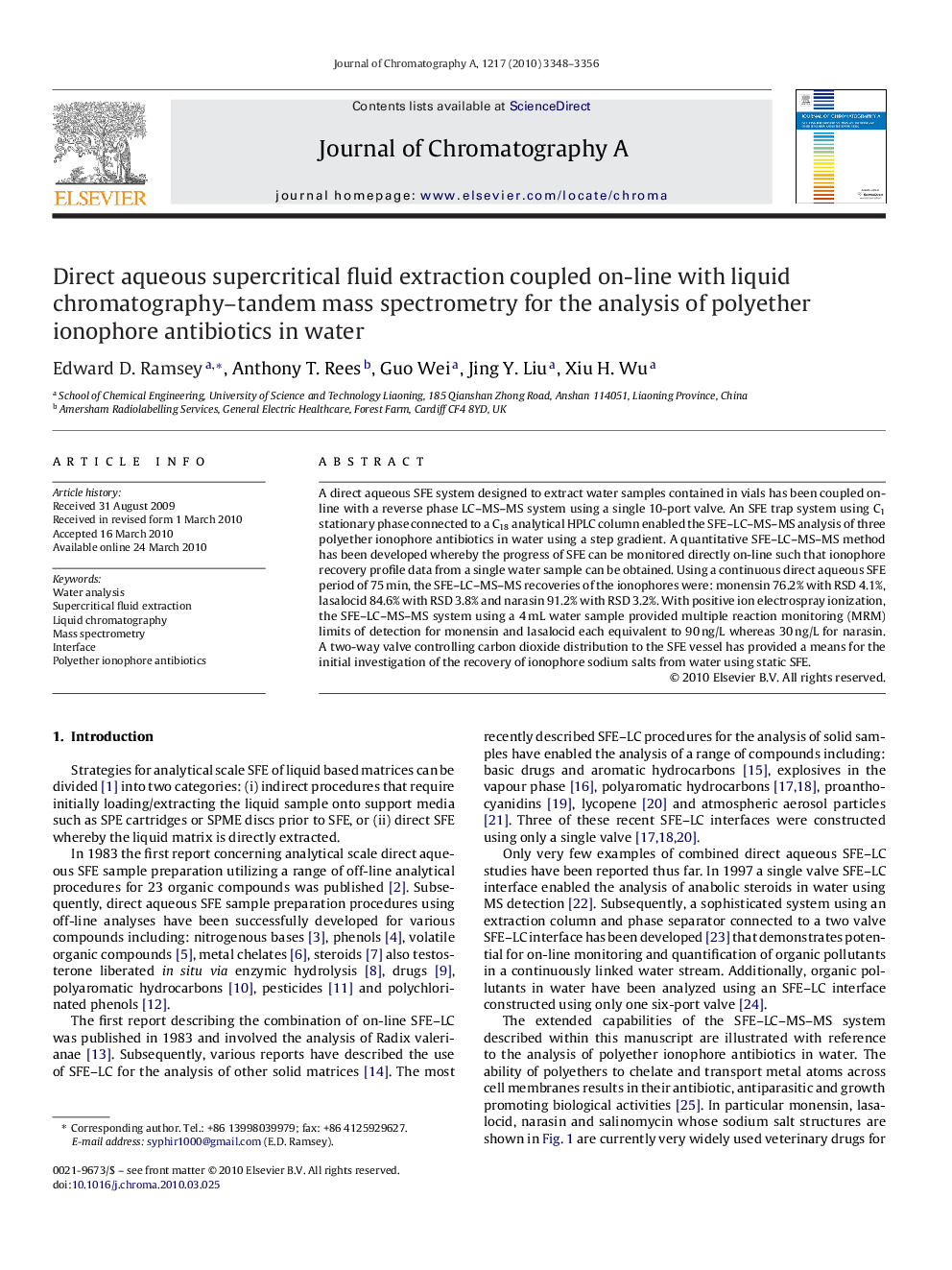 عکس صفحه اول مقاله: Direct aqueous supercritical fluid extraction coupled on-line with liquid chromatography–tandem mass spectrometry for the analysis of polyether ionophore antibiotics in water Direct aqueous supercritical fluid extraction coupled on-line with liquid chromatography–tandem mass spectrometry for the analysis of polyether ionophore antibiotics in water