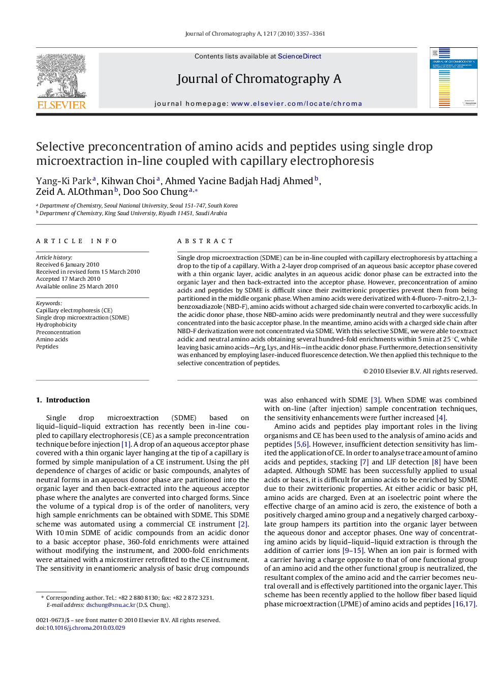 Selective preconcentration of amino acids and peptides using single drop microextraction in-line coupled with capillary electrophoresis