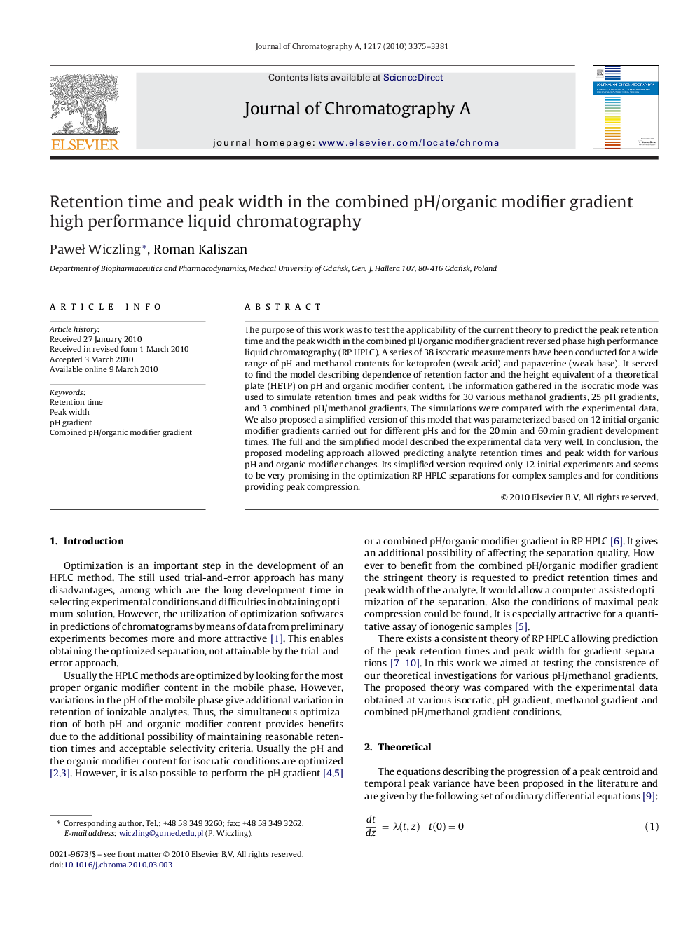 Retention time and peak width in the combined pH/organic modifier gradient high performance liquid chromatography