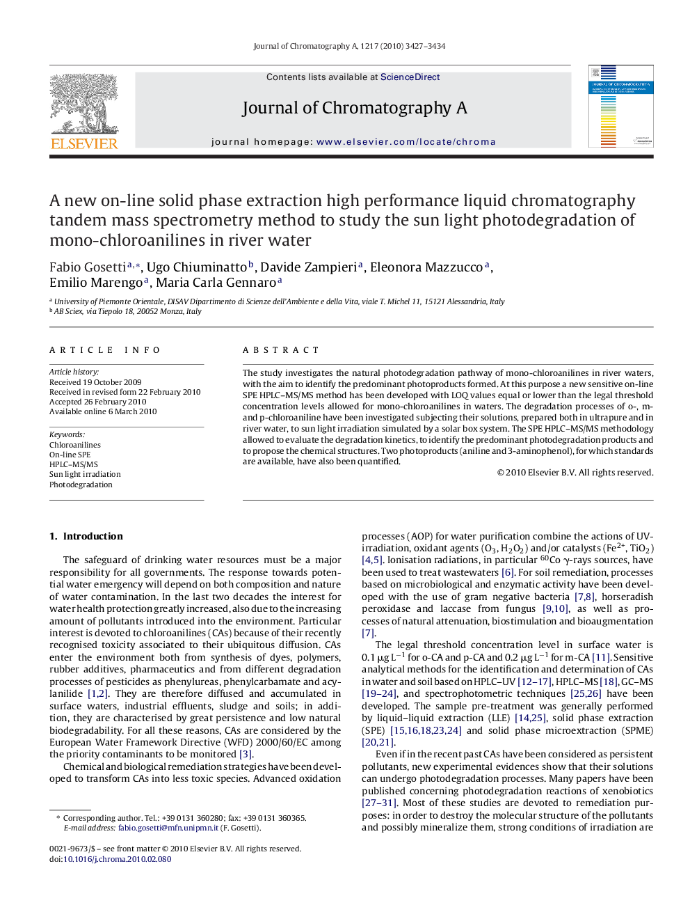 A new on-line solid phase extraction high performance liquid chromatography tandem mass spectrometry method to study the sun light photodegradation of mono-chloroanilines in river water