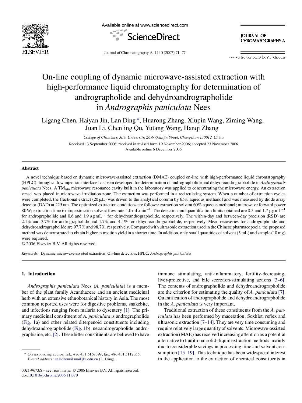 On-line coupling of dynamic microwave-assisted extraction with high-performance liquid chromatography for determination of andrographolide and dehydroandrographolide in Andrographis paniculata Nees