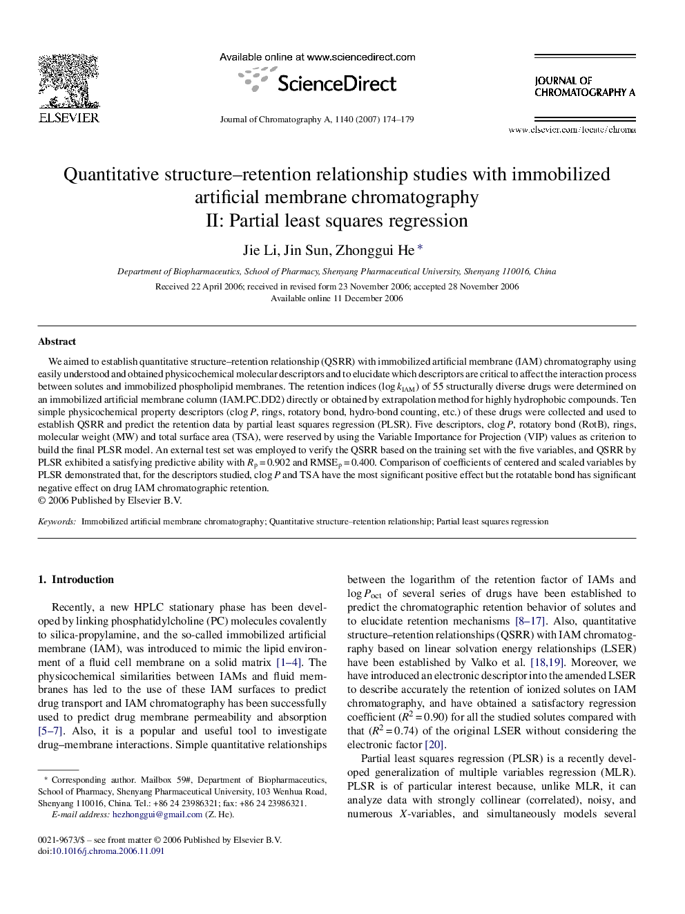 Quantitative structure–retention relationship studies with immobilized artificial membrane chromatography: II: Partial least squares regression