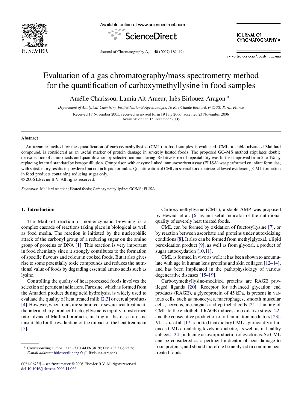 Evaluation of a gas chromatography/mass spectrometry method for the quantification of carboxymethyllysine in food samples