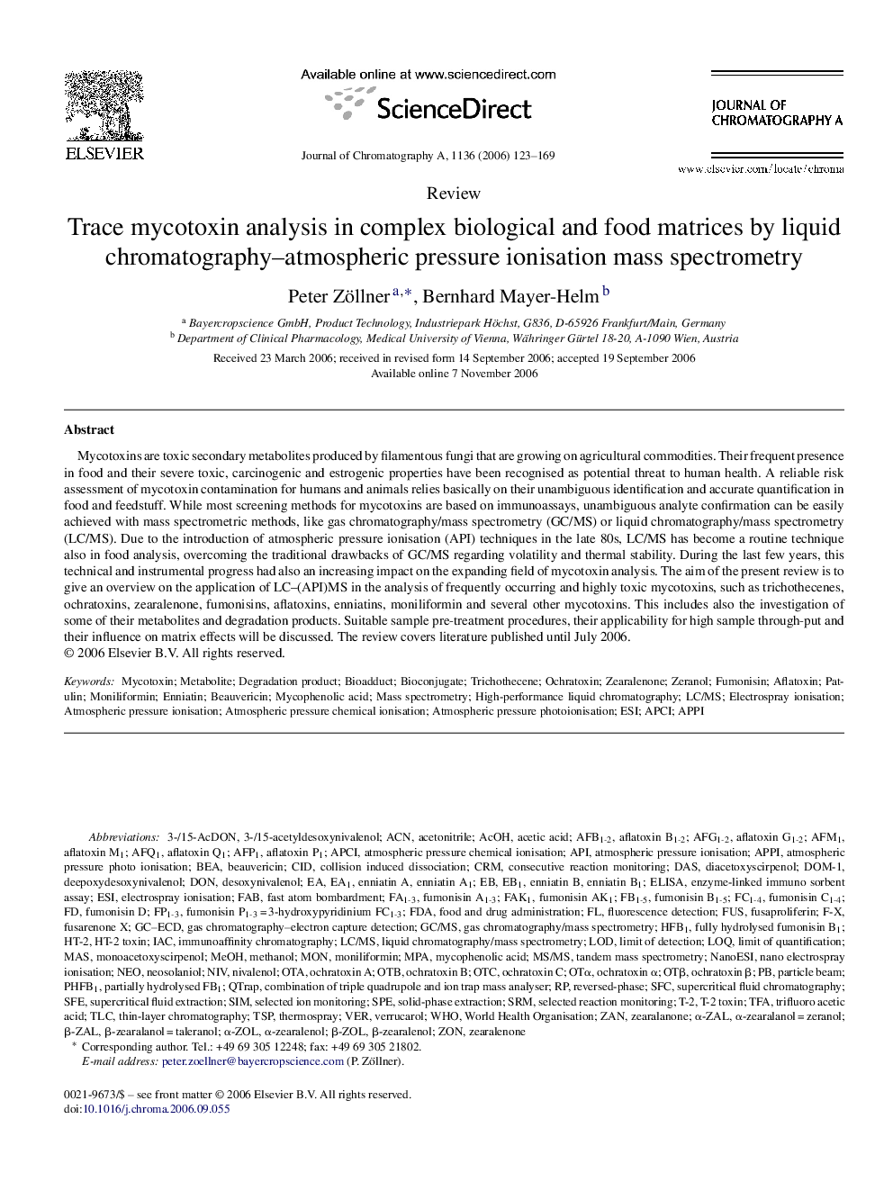 Trace mycotoxin analysis in complex biological and food matrices by liquid chromatography–atmospheric pressure ionisation mass spectrometry