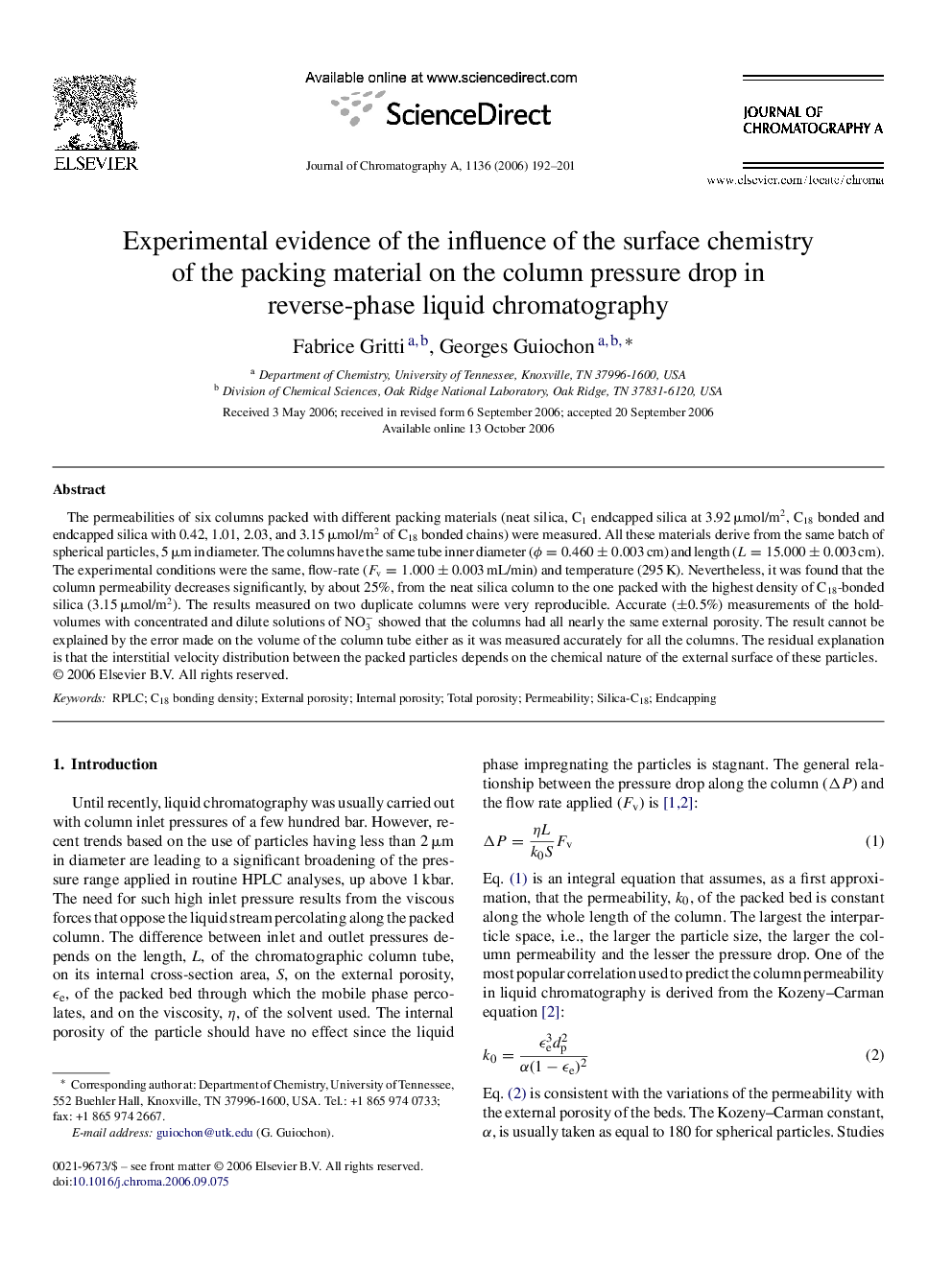 Experimental evidence of the influence of the surface chemistry of the packing material on the column pressure drop in reverse-phase liquid chromatography