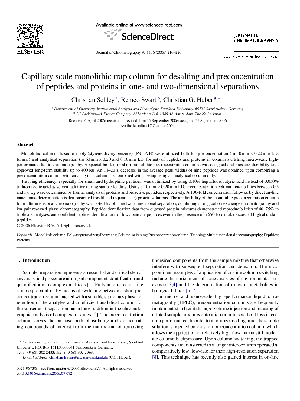 Capillary scale monolithic trap column for desalting and preconcentration of peptides and proteins in one- and two-dimensional separations