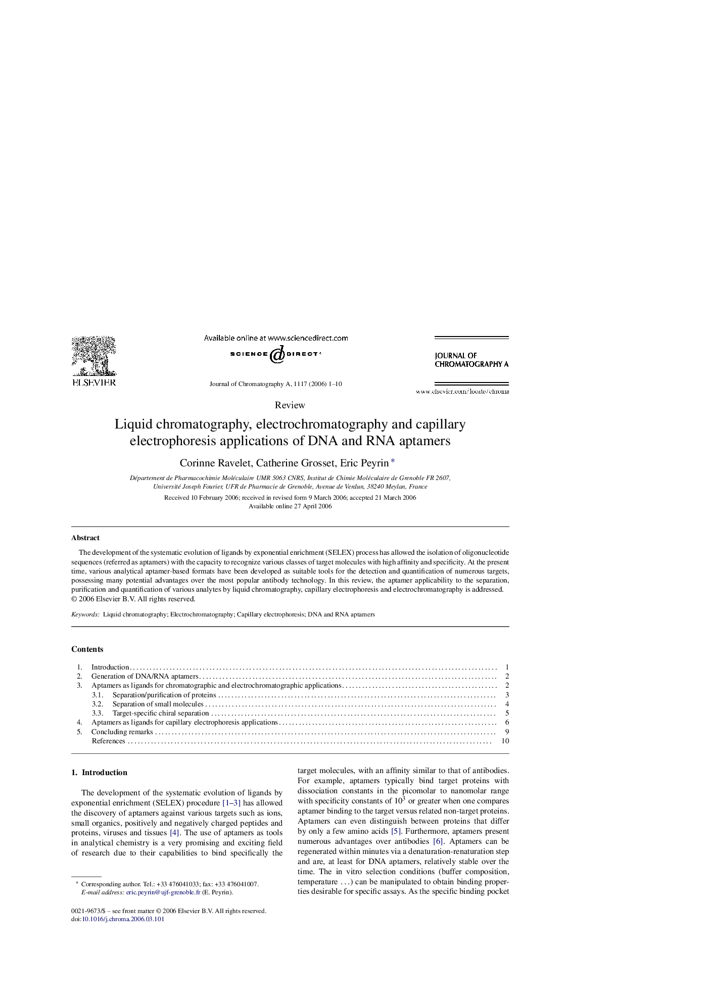 Liquid chromatography, electrochromatography and capillary electrophoresis applications of DNA and RNA aptamers