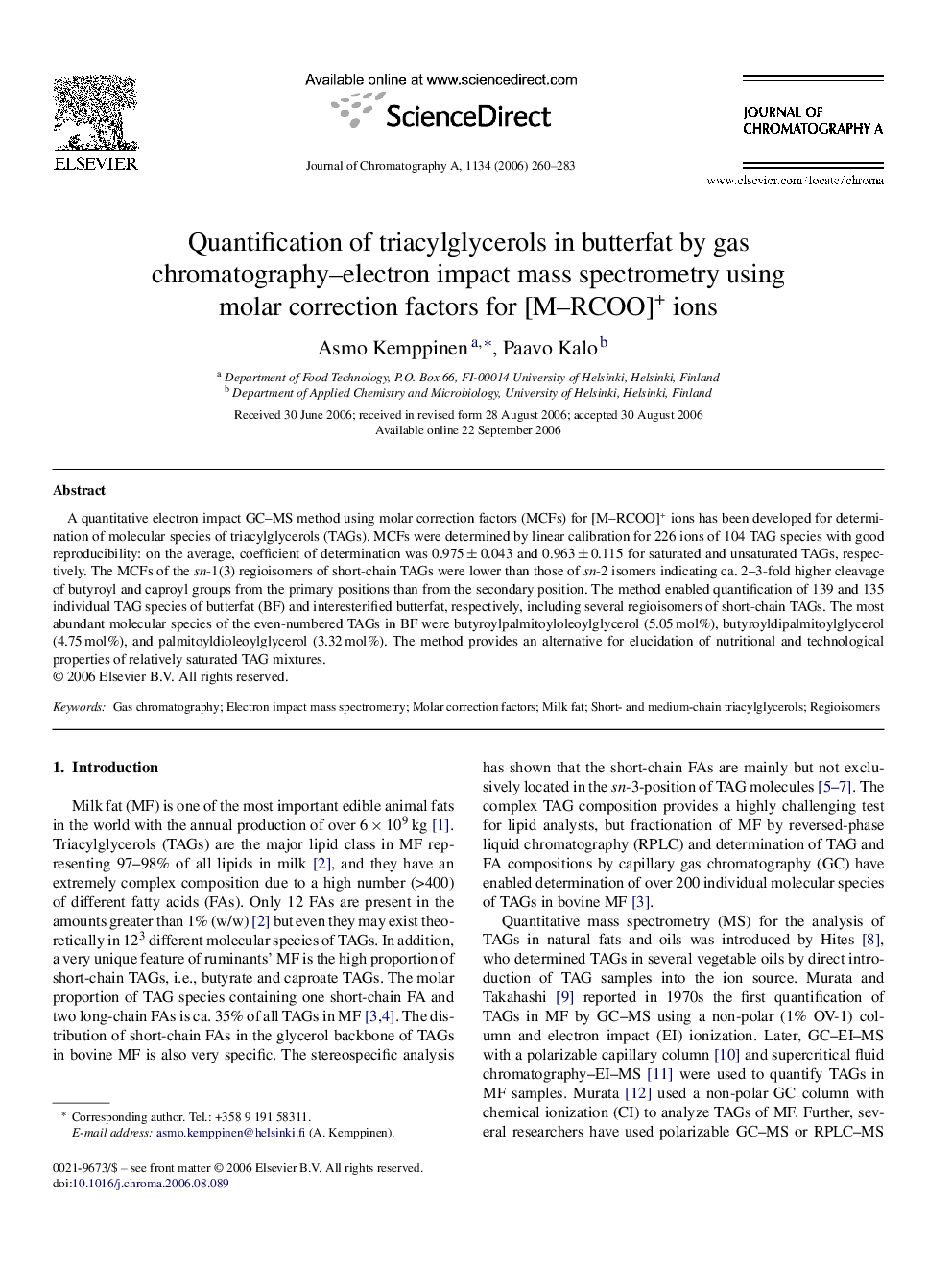 Quantification of triacylglycerols in butterfat by gas chromatography–electron impact mass spectrometry using molar correction factors for [M–RCOO]+ ions