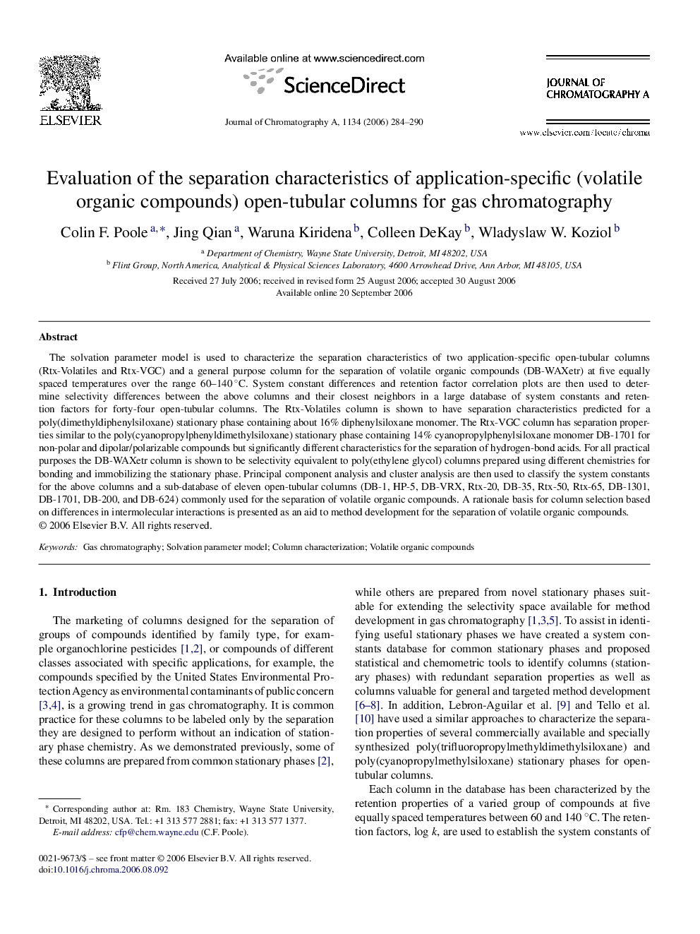 Evaluation of the separation characteristics of application-specific (volatile organic compounds) open-tubular columns for gas chromatography