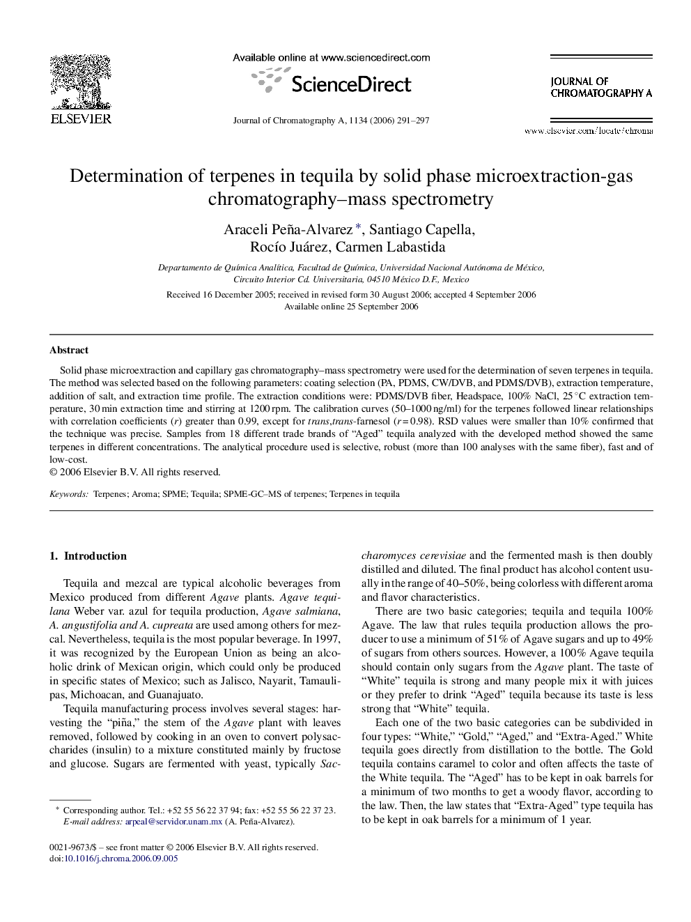 Determination of terpenes in tequila by solid phase microextraction-gas chromatography–mass spectrometry