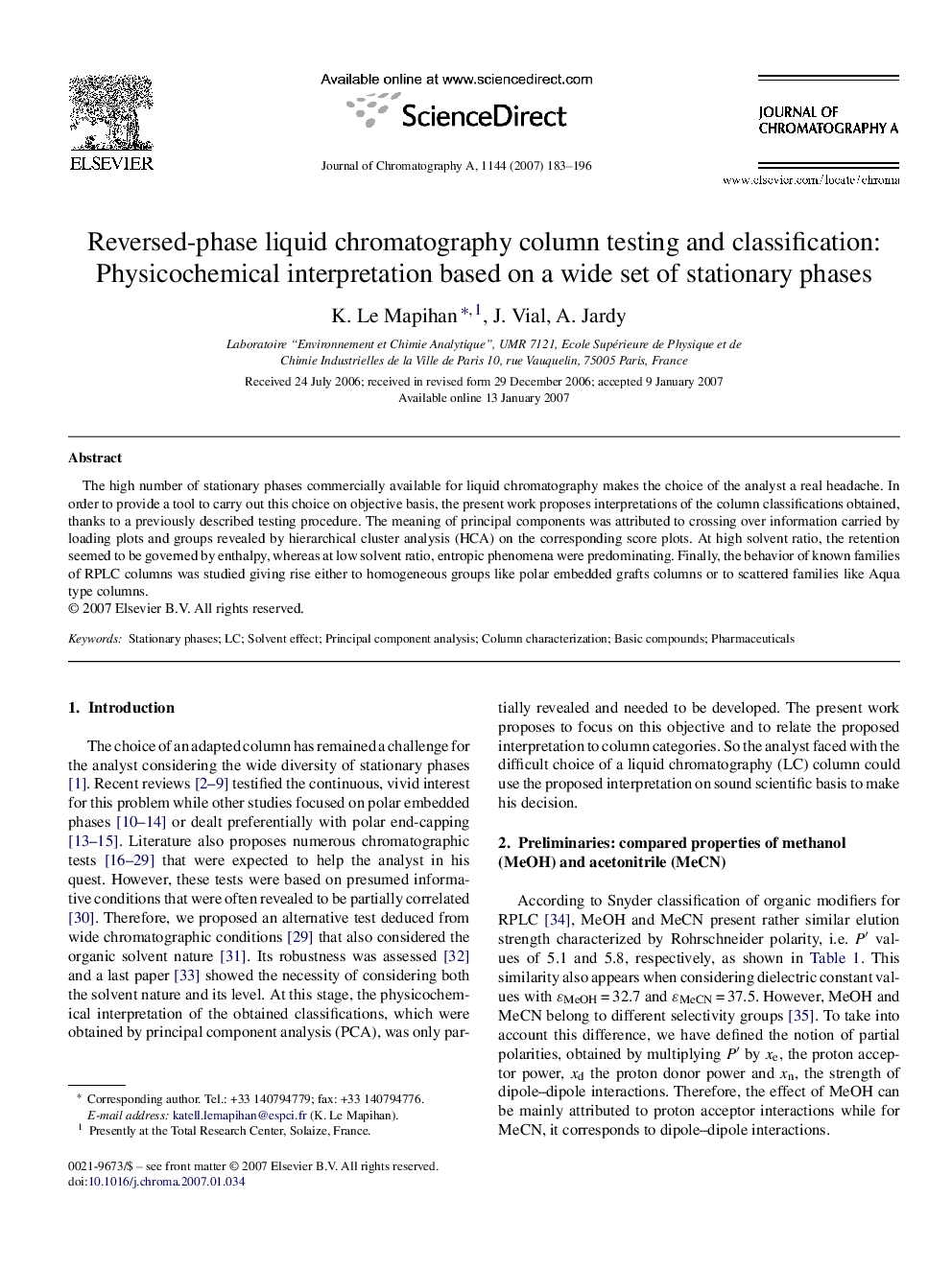 Reversed-phase liquid chromatography column testing and classification: Physicochemical interpretation based on a wide set of stationary phases