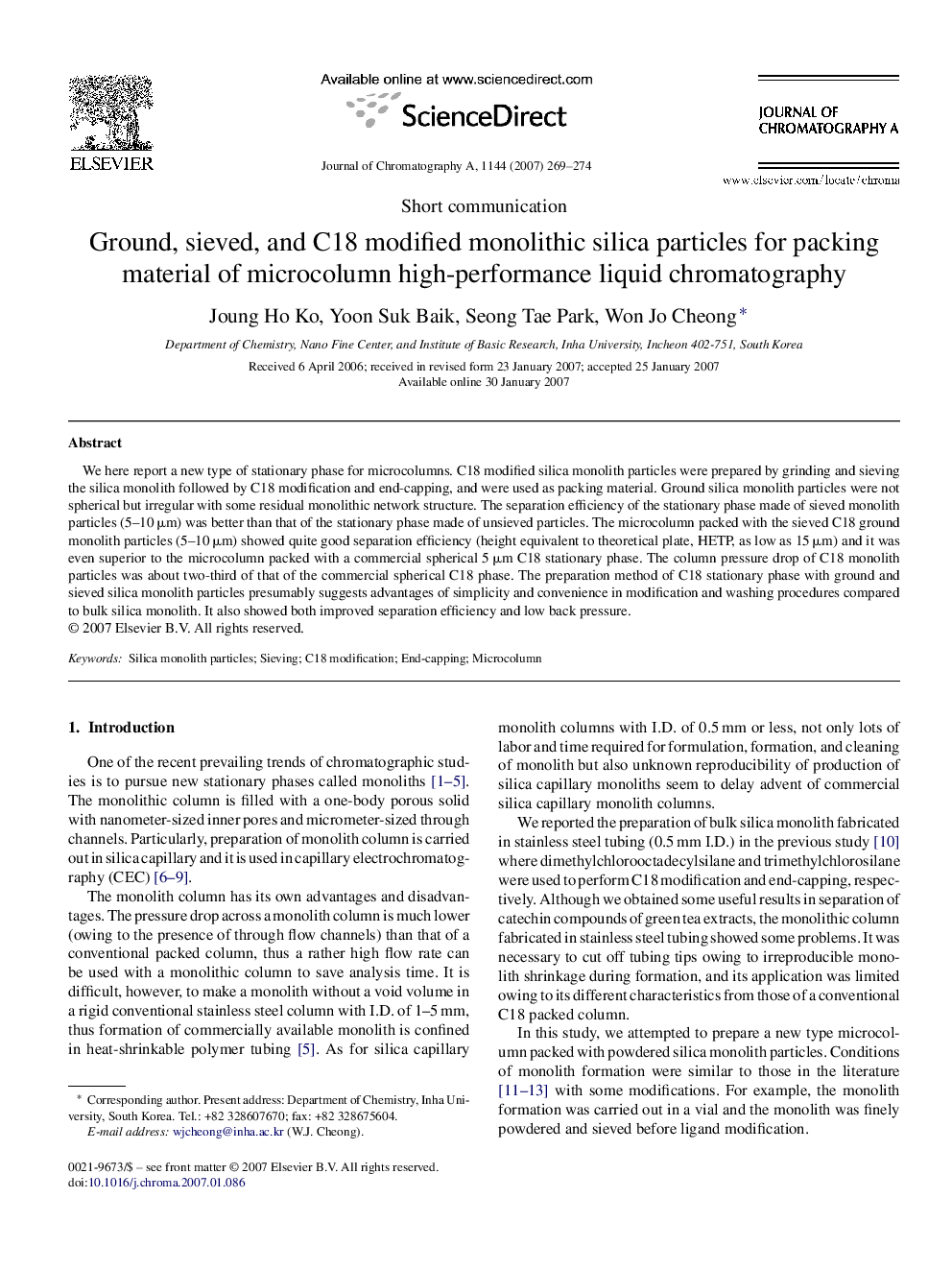 Ground, sieved, and C18 modified monolithic silica particles for packing material of microcolumn high-performance liquid chromatography