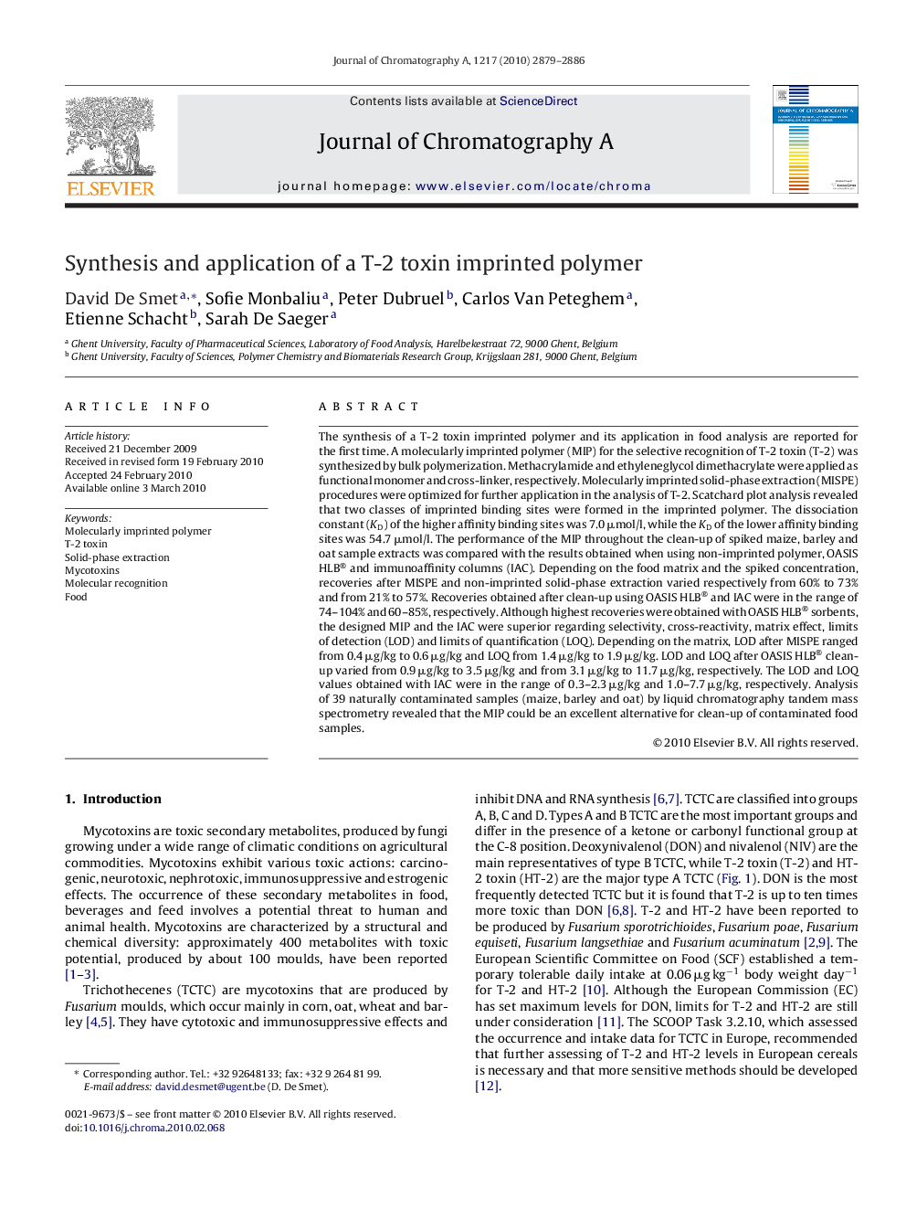 Synthesis and application of a T-2 toxin imprinted polymer