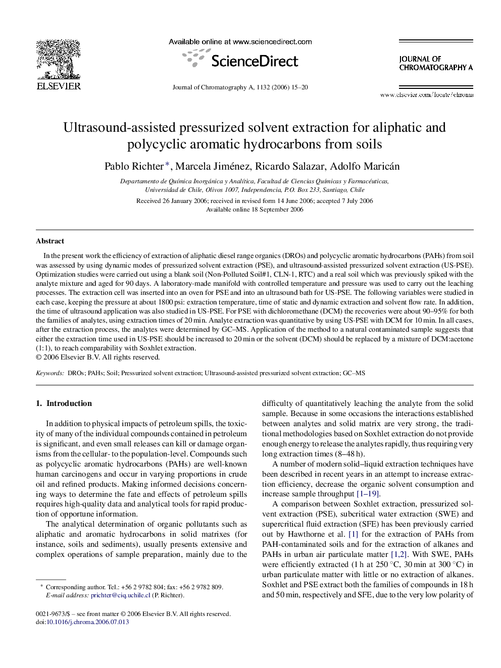 Ultrasound-assisted pressurized solvent extraction for aliphatic and polycyclic aromatic hydrocarbons from soils