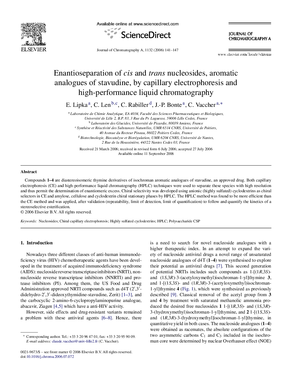 Enantioseparation of cis and trans nucleosides, aromatic analogues of stavudine, by capillary electrophoresis and high-performance liquid chromatography