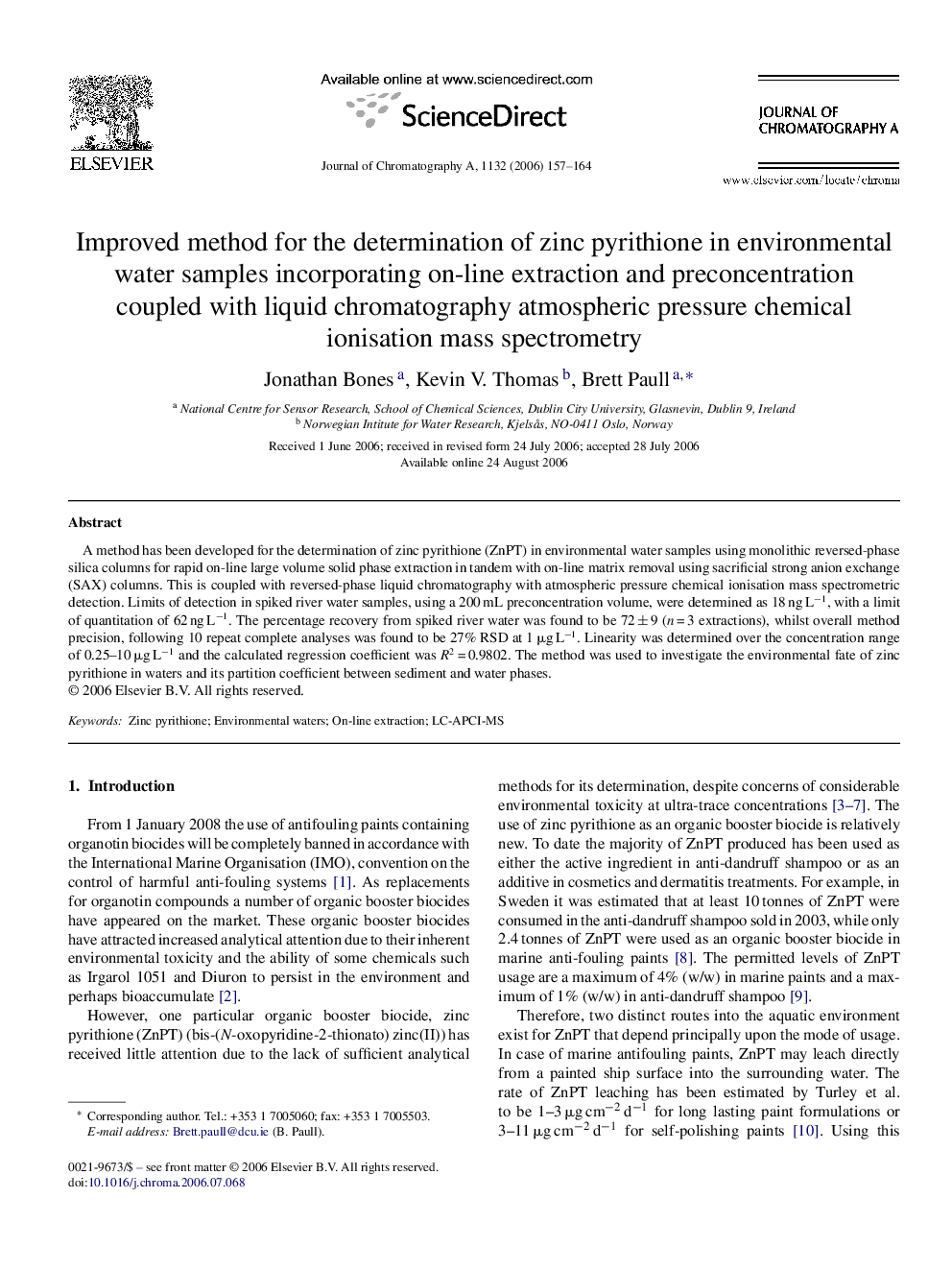 Improved method for the determination of zinc pyrithione in environmental water samples incorporating on-line extraction and preconcentration coupled with liquid chromatography atmospheric pressure chemical ionisation mass spectrometry