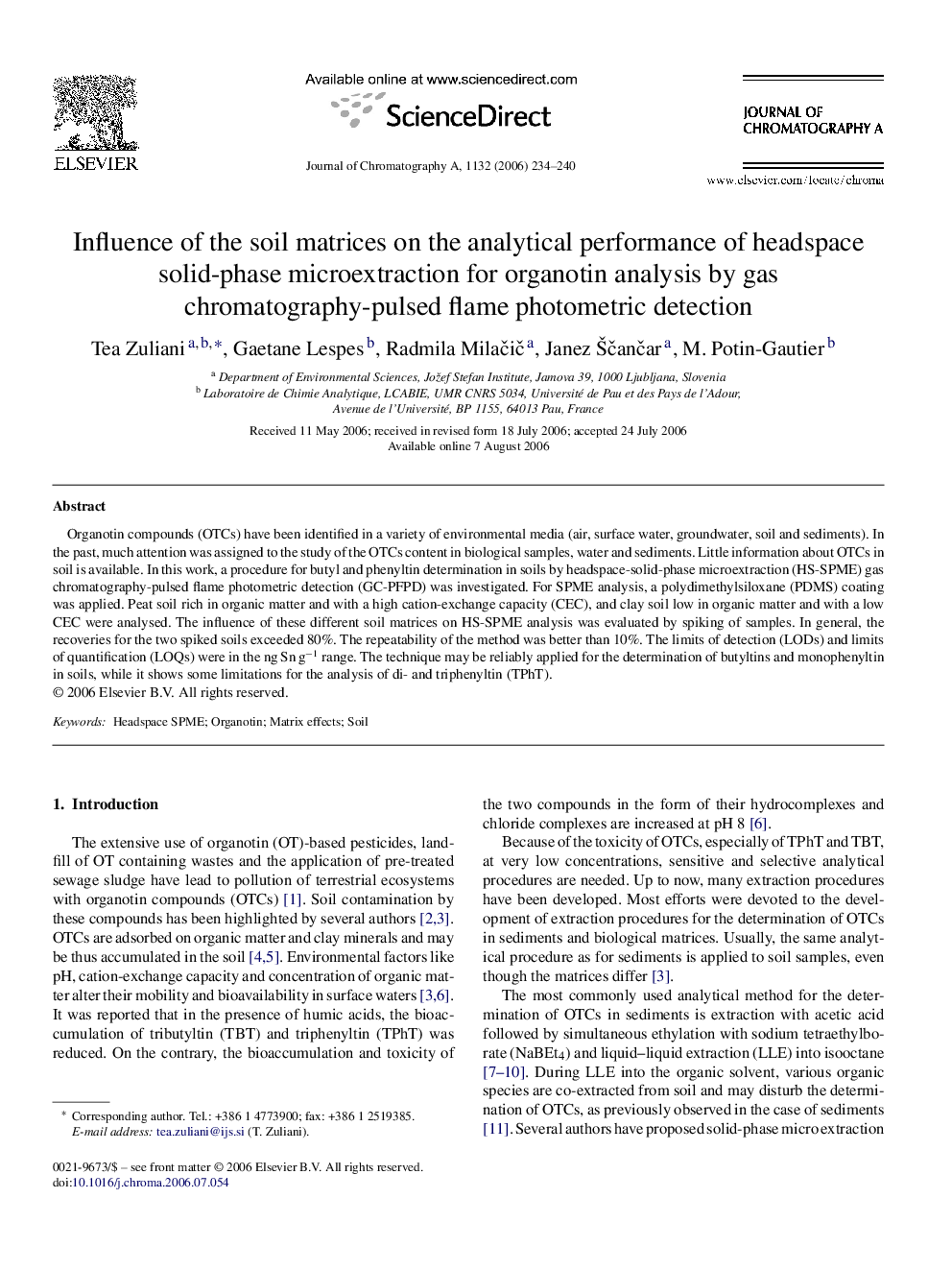 Influence of the soil matrices on the analytical performance of headspace solid-phase microextraction for organotin analysis by gas chromatography-pulsed flame photometric detection