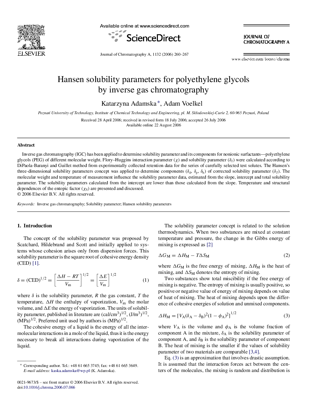 Hansen solubility parameters for polyethylene glycols by inverse gas chromatography