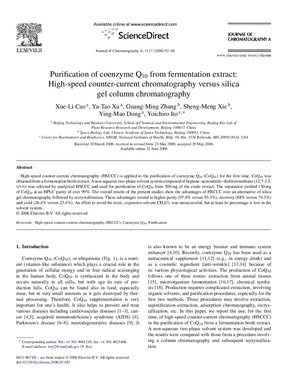 Purification of coenzyme Q10 from fermentation extract: High-speed counter-current chromatography versus silica gel column chromatography