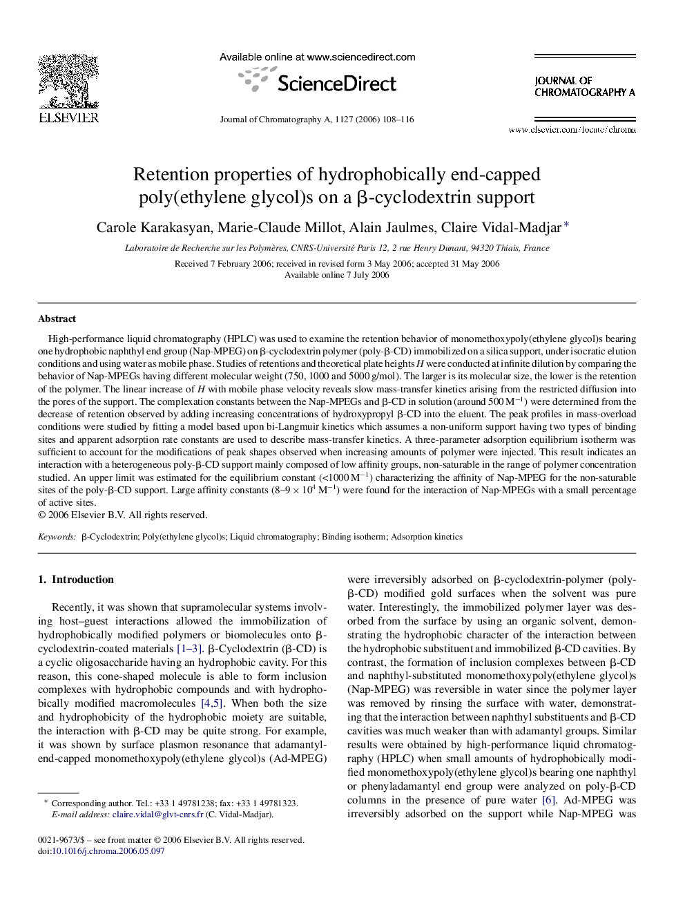 Retention properties of hydrophobically end-capped poly(ethylene glycol)s on a β-cyclodextrin support