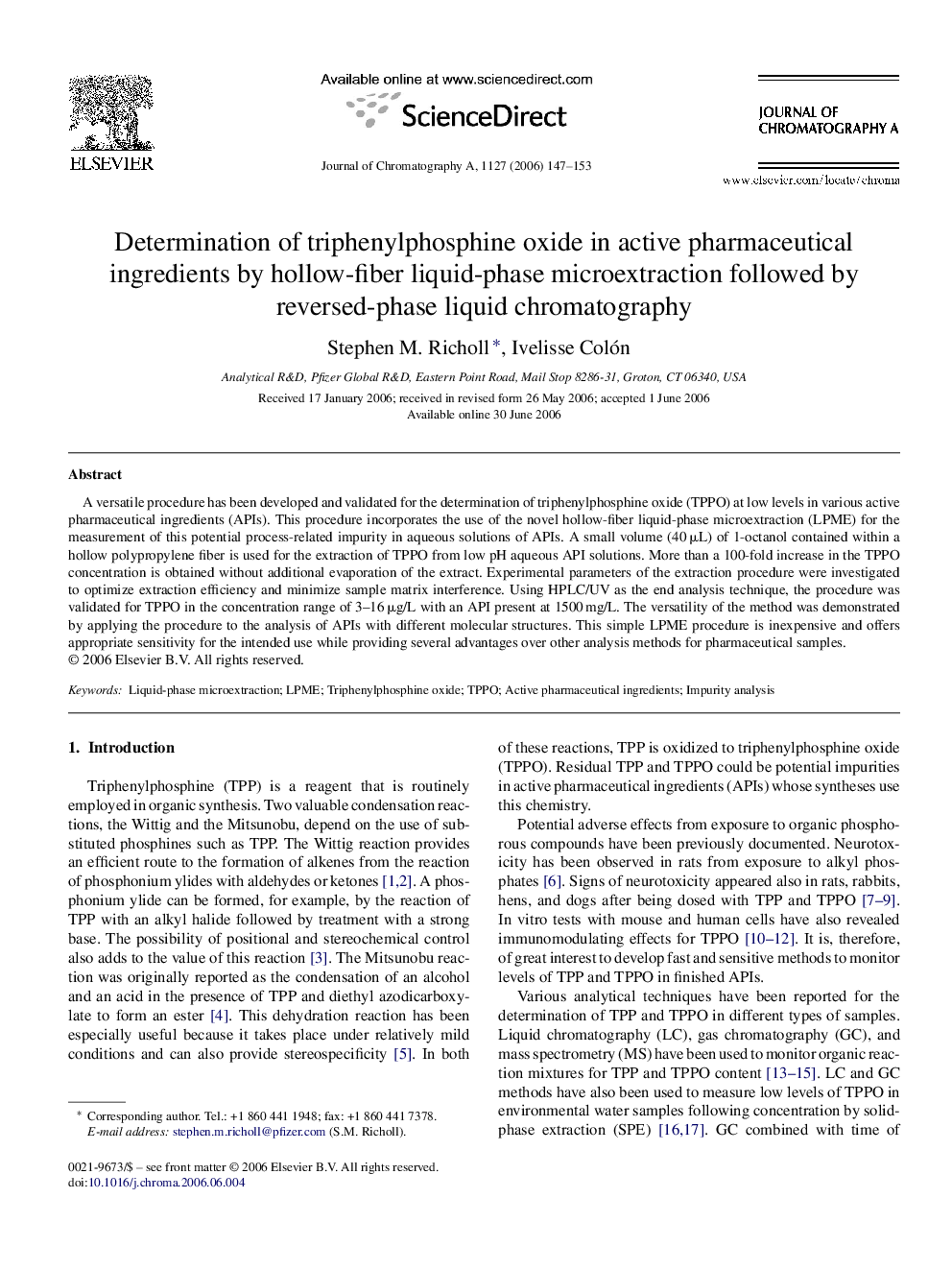 Determination of triphenylphosphine oxide in active pharmaceutical ingredients by hollow-fiber liquid-phase microextraction followed by reversed-phase liquid chromatography