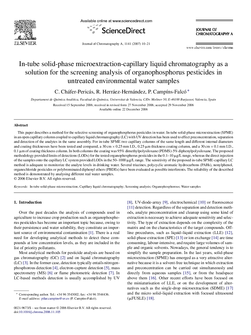 In-tube solid-phase microextraction-capillary liquid chromatography as a solution for the screening analysis of organophosphorus pesticides in untreated environmental water samples