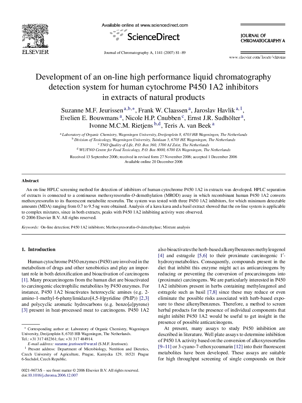 Development of an on-line high performance liquid chromatography detection system for human cytochrome P450 1A2 inhibitors in extracts of natural products