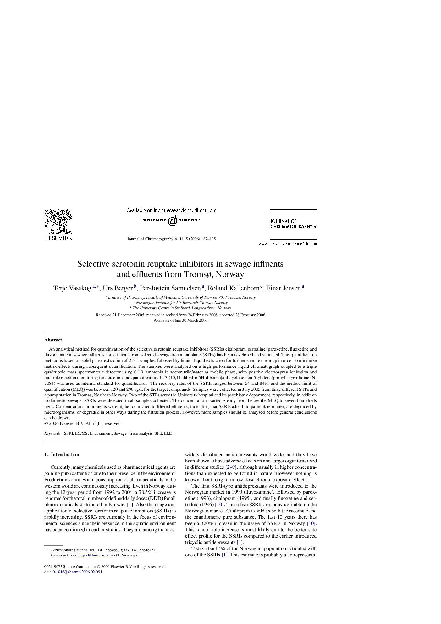 Selective serotonin reuptake inhibitors in sewage influents and effluents from Tromsø, Norway