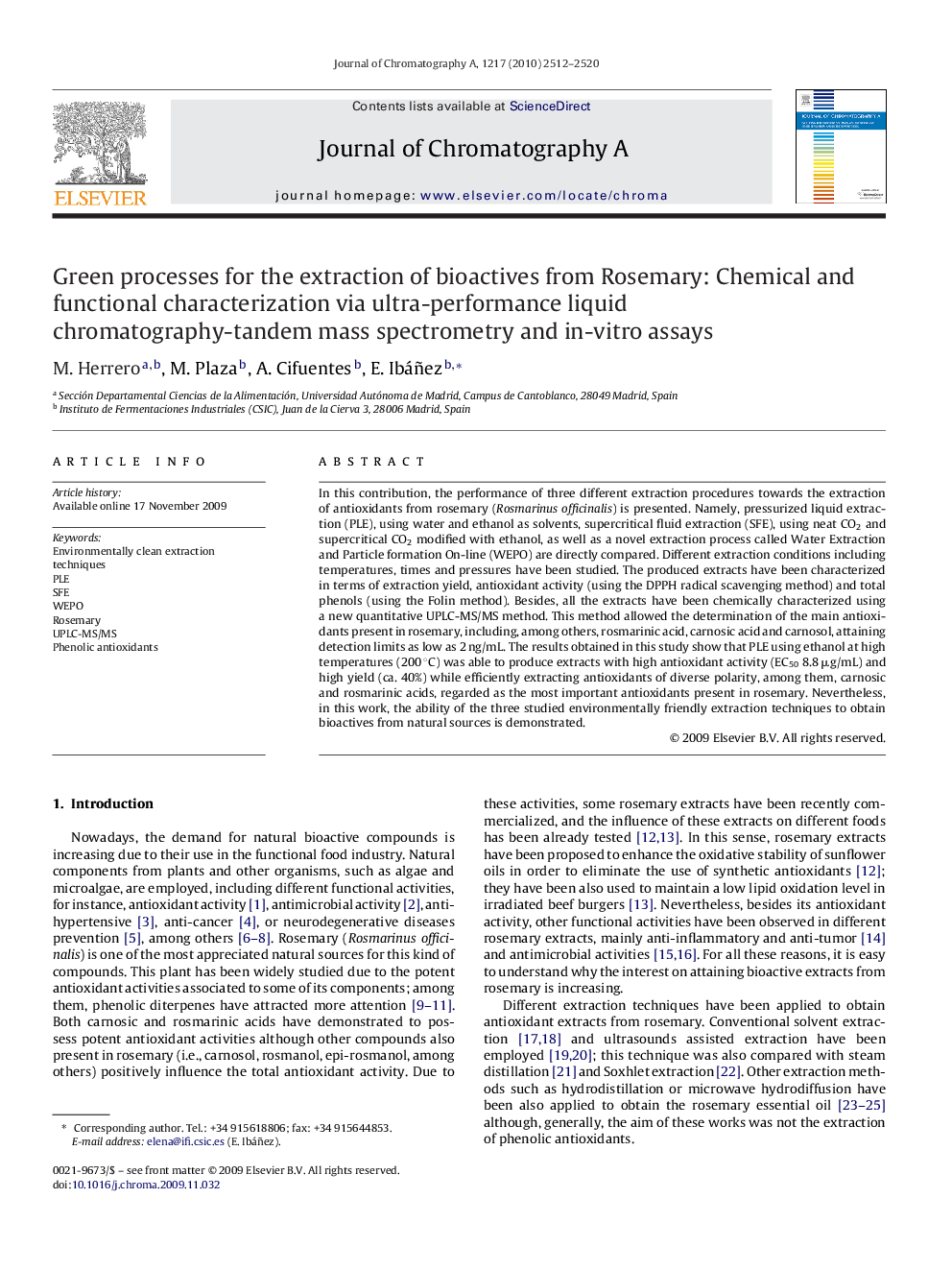 Green processes for the extraction of bioactives from Rosemary: Chemical and functional characterization via ultra-performance liquid chromatography-tandem mass spectrometry and in-vitro assays