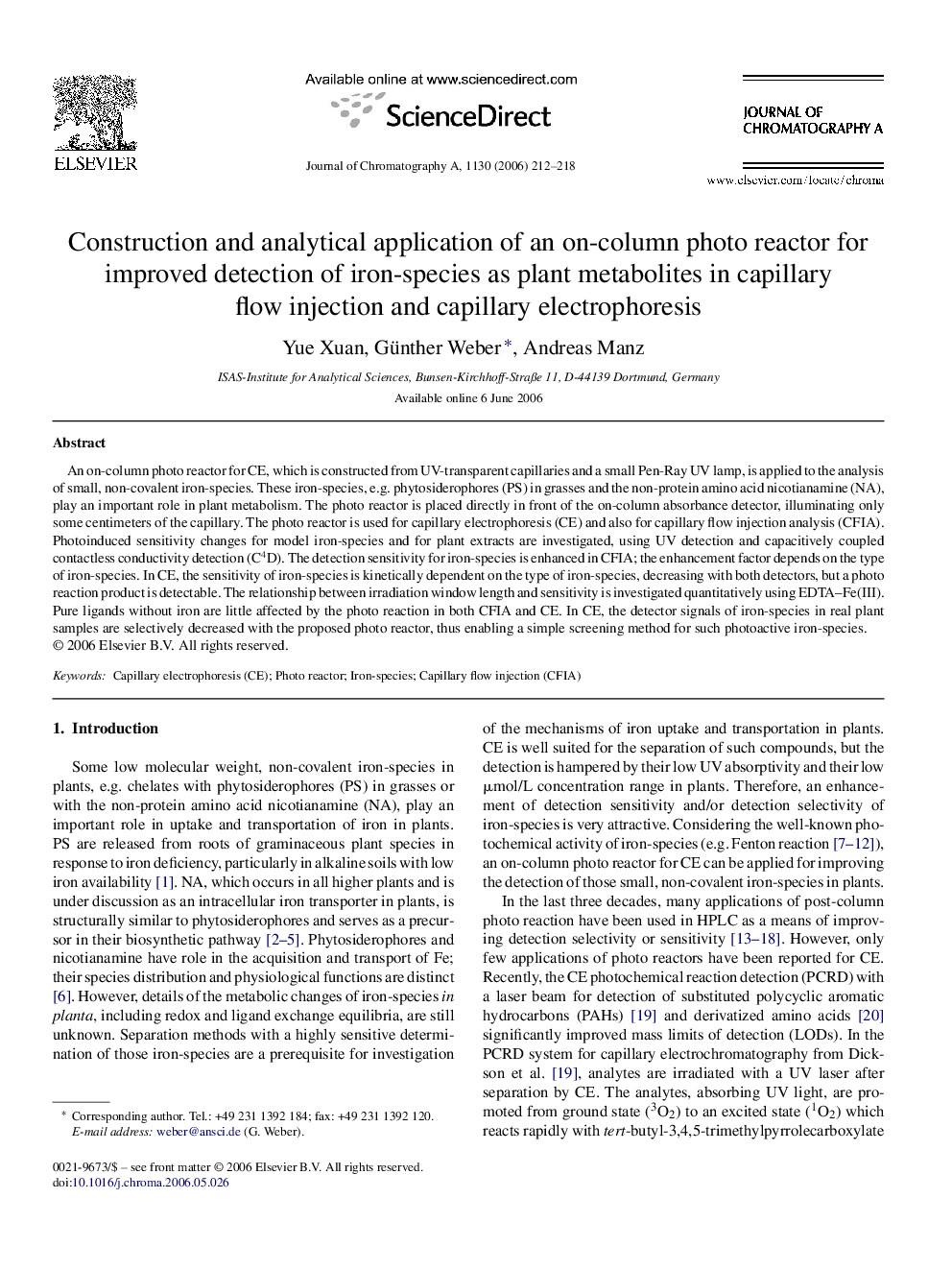 Construction and analytical application of an on-column photo reactor for improved detection of iron-species as plant metabolites in capillary flow injection and capillary electrophoresis