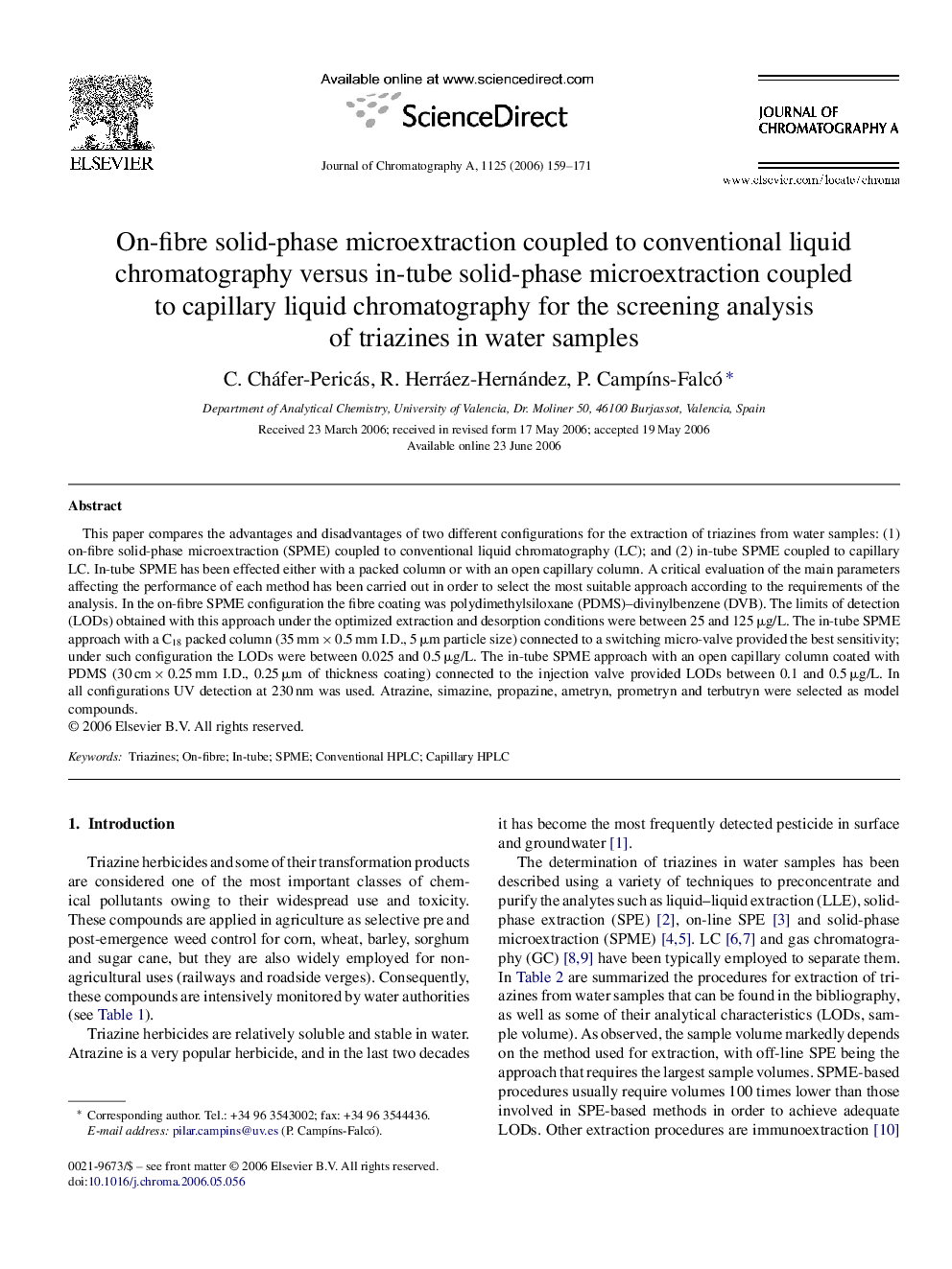 On-fibre solid-phase microextraction coupled to conventional liquid chromatography versus in-tube solid-phase microextraction coupled to capillary liquid chromatography for the screening analysis of triazines in water samples