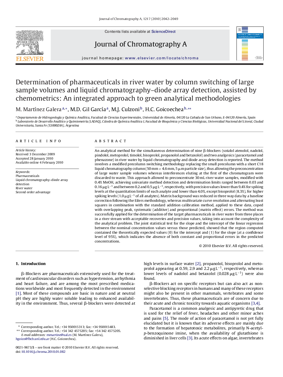 Determination of pharmaceuticals in river water by column switching of large sample volumes and liquid chromatography–diode array detection, assisted by chemometrics: An integrated approach to green analytical methodologies