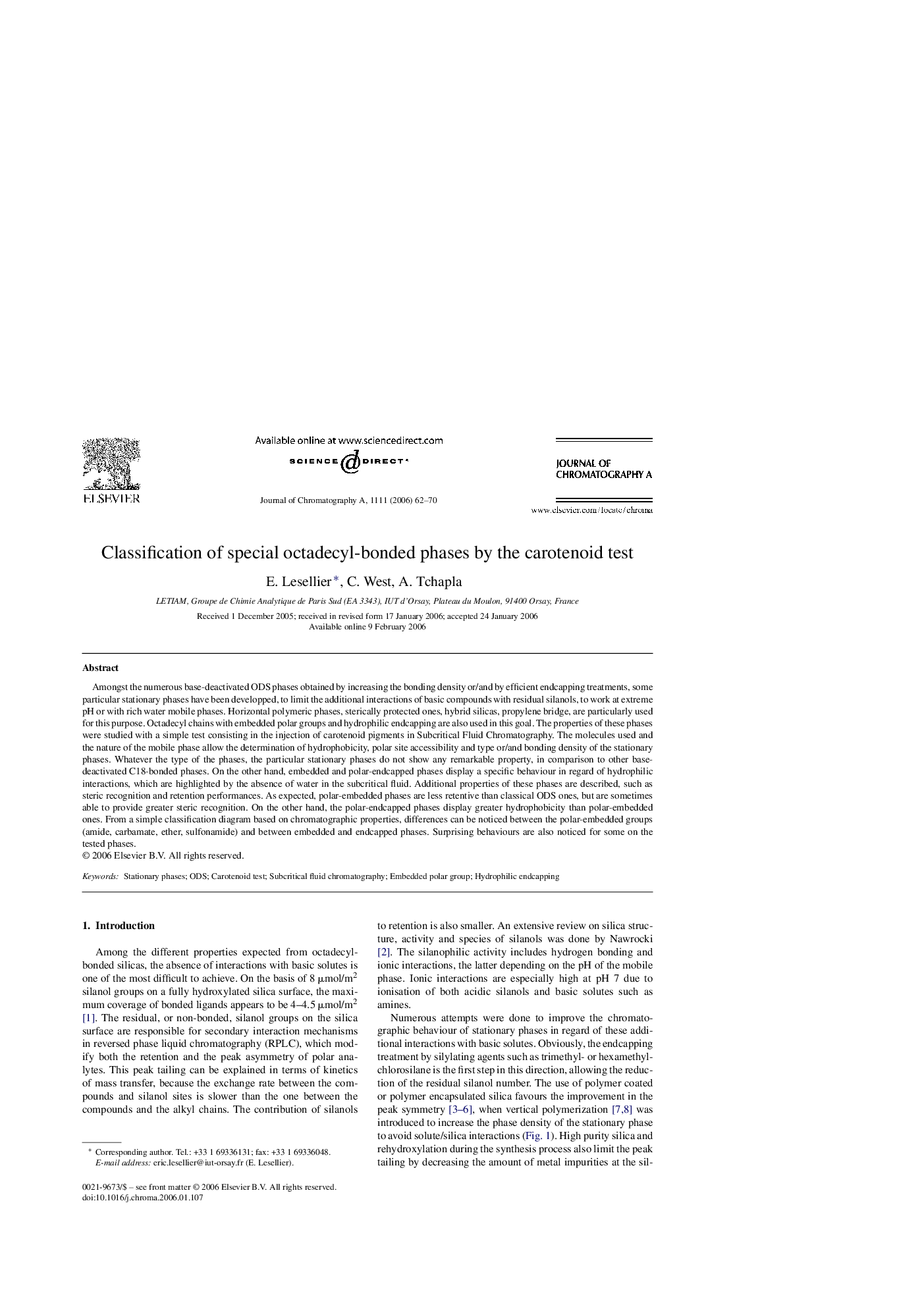 Classification of special octadecyl-bonded phases by the carotenoid test