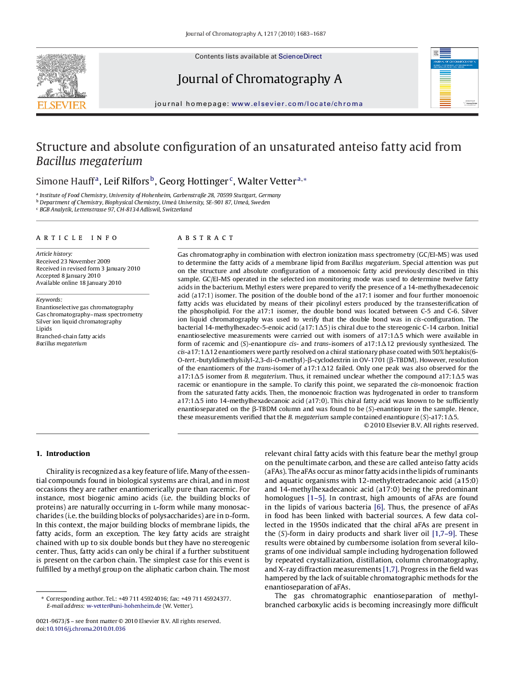 Structure and absolute configuration of an unsaturated anteiso fatty acid from Bacillus megaterium