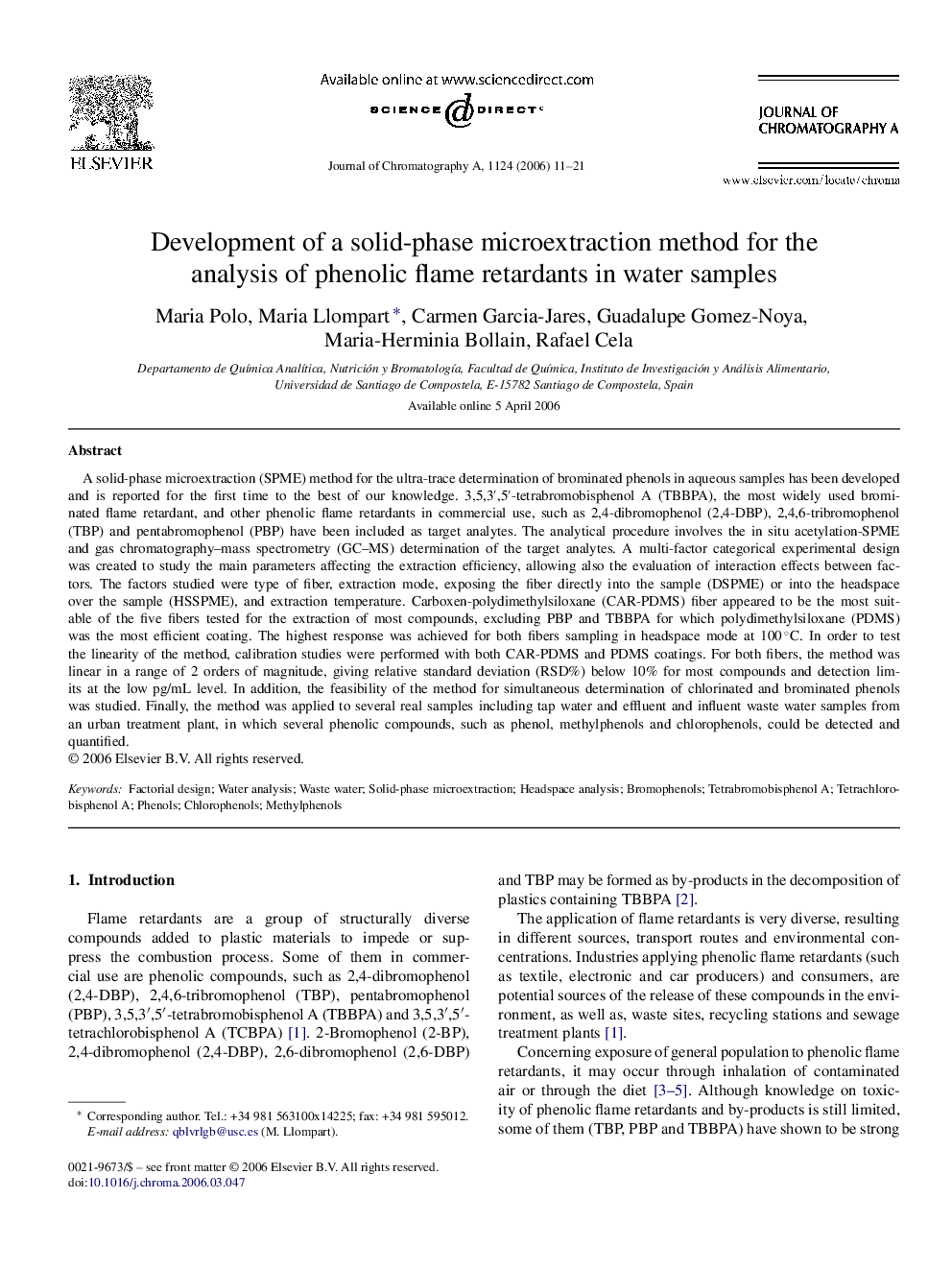 Development of a solid-phase microextraction method for the analysis of phenolic flame retardants in water samples