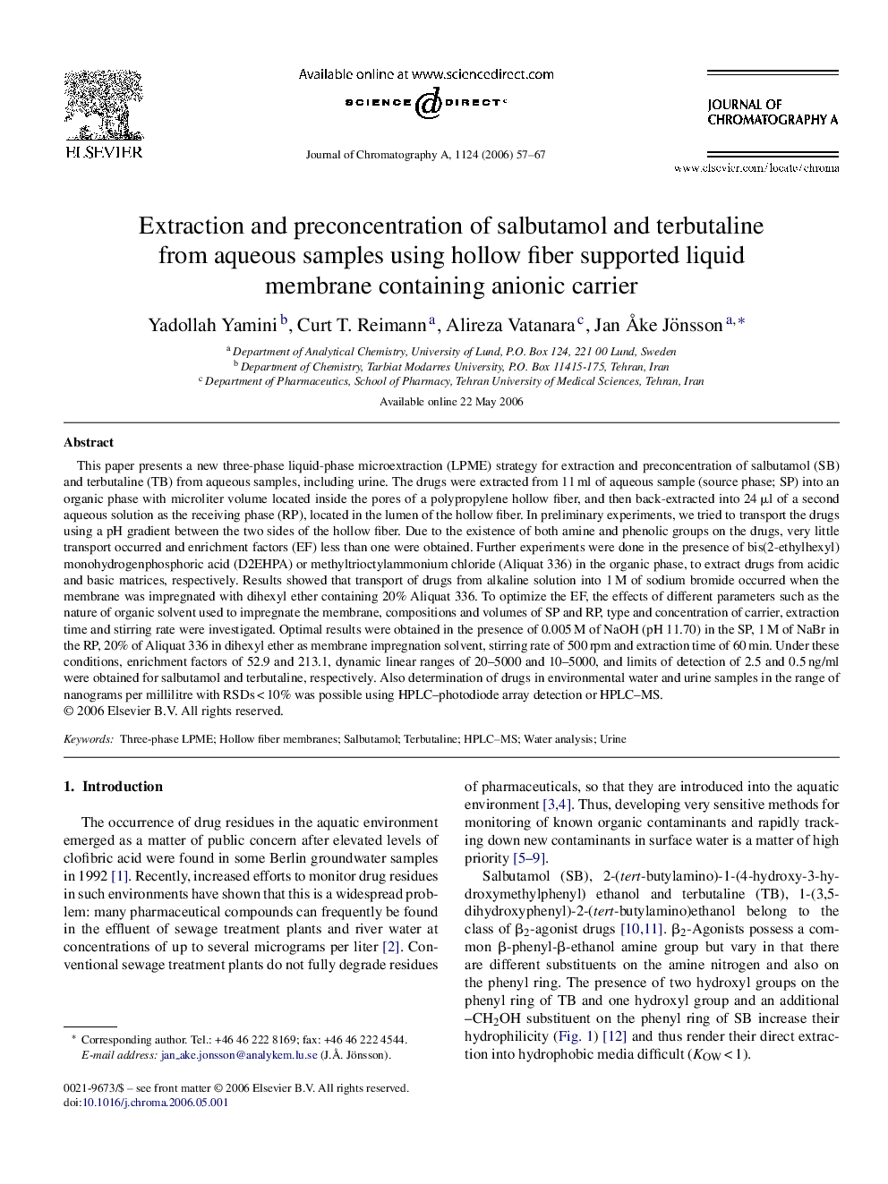 Extraction and preconcentration of salbutamol and terbutaline from aqueous samples using hollow fiber supported liquid membrane containing anionic carrier